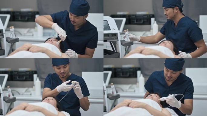 亚洲中国男性美学家微晶磨皮术治疗临床女性客户