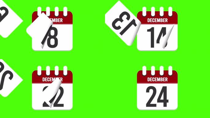 12月24日。日历出现，页面下降到12月24日。绿色背景，色度键 (4k循环)