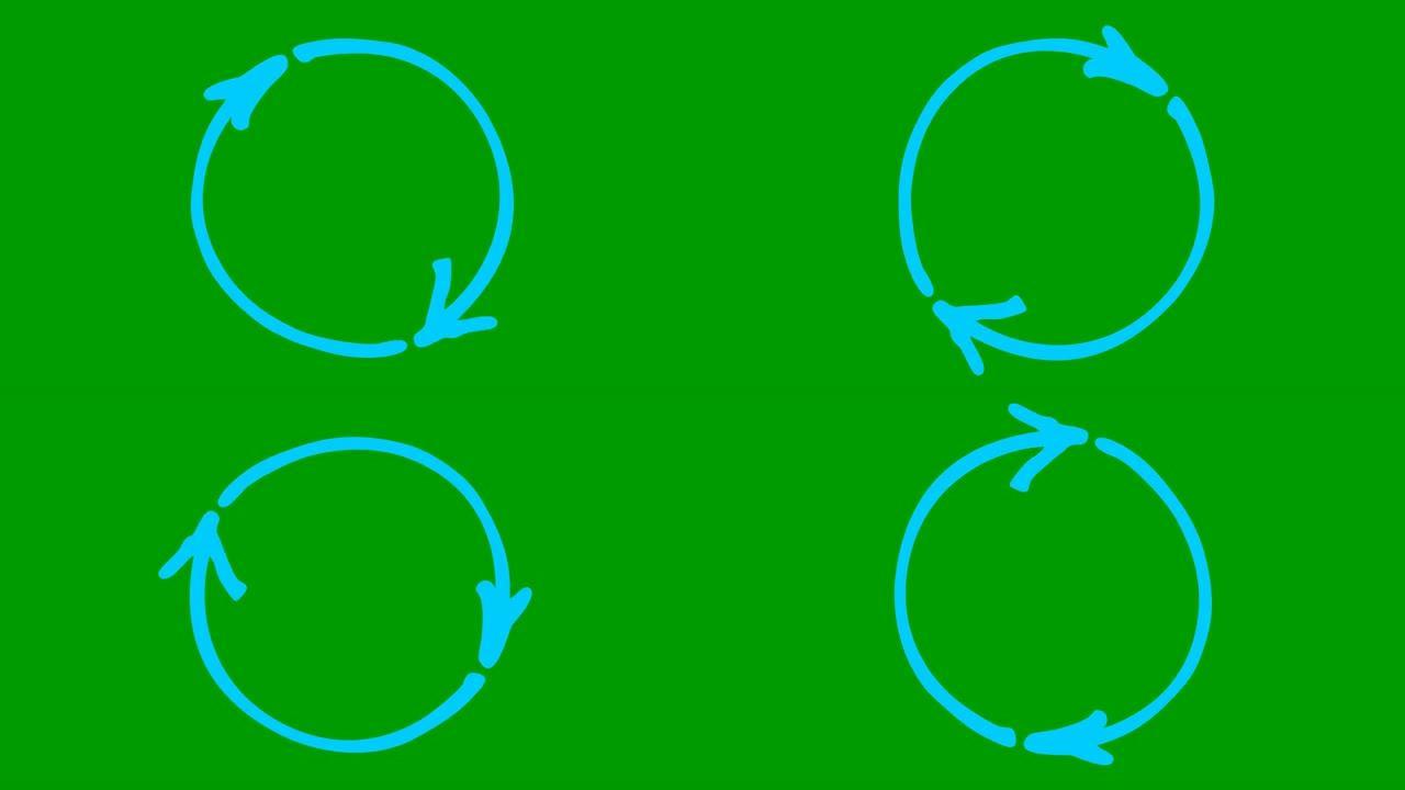 圆形箭头的动画图标。重装旋转的蓝色符号。循环视频。手绘矢量插图孤立在绿色背景上。