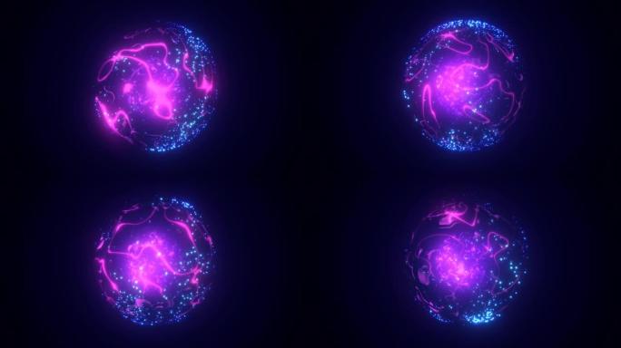 一个圆形的紫色行星，在太空的中心有一个熔化的核心，一个恒星球体，有一个能量神奇的等离子体发光场。摘要
