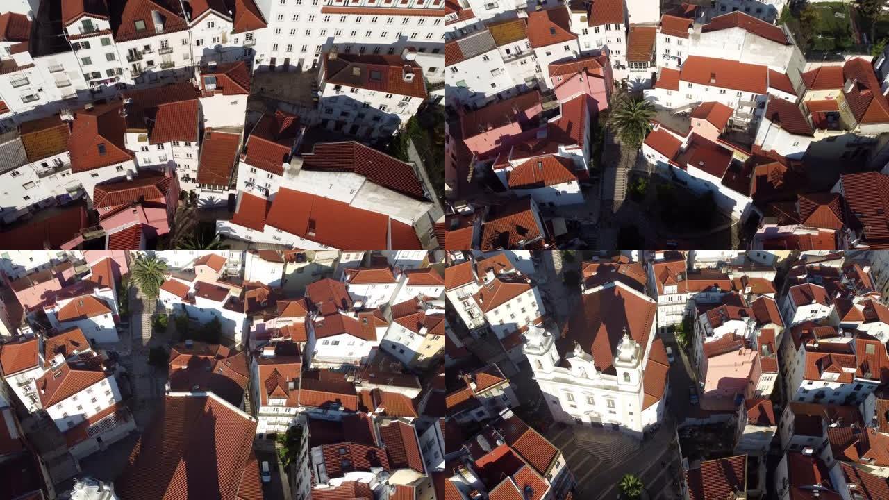 无人机俯瞰里斯本17世纪相同房屋的街道。