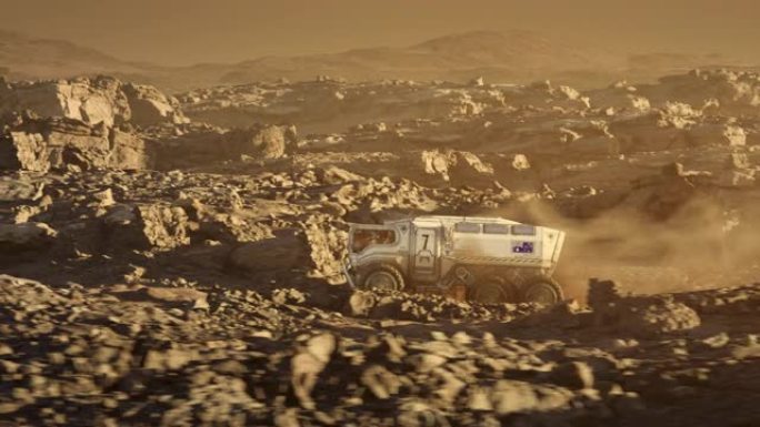 火星行星的太空殖民。带有澳大利亚国旗的火星探测器探索行星表面