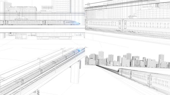 在城市行驶的高铁黑白线条