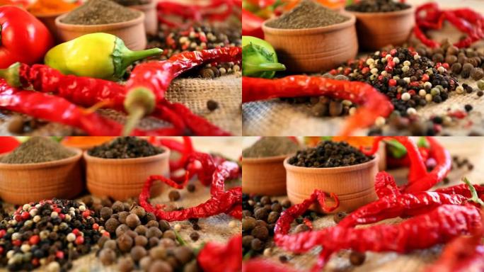 混合香料。特写。各种类型的辣椒的组合。红、白、黑、青椒。