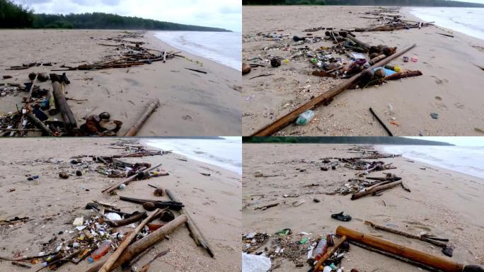 泰国宋卡-2022年12月13日: 泰国宋卡萨米拉海滩上的垃圾与暴雨。泰国湾在暴风雨中，乌云笼罩着声