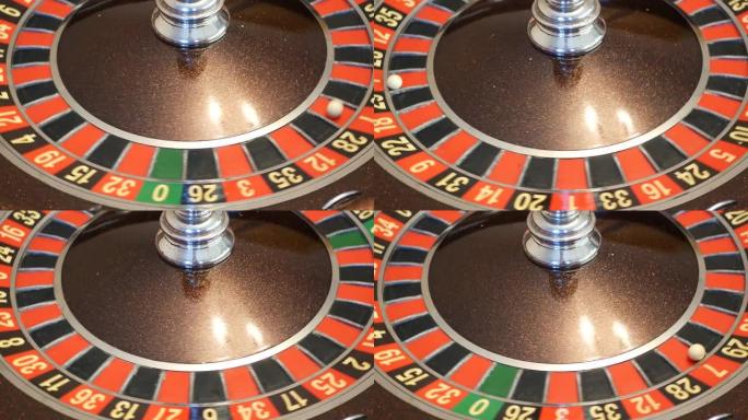 赌场轮盘赌桌上的球。车轮旋转、转向、旋转。绿色零。