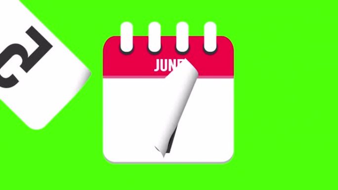 6月7日。日历出现，页面下降到6月7日。绿色背景，色度键 (4k循环)