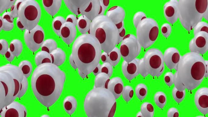 日本国旗氦气球，从下到上飞行，在绿屏背景上隔离，4k视频元素