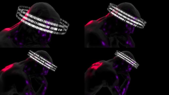 三维思想家雕像与二进制代码动画。现代艺术风格的希腊雕塑。NFT加密艺术概念。4K
