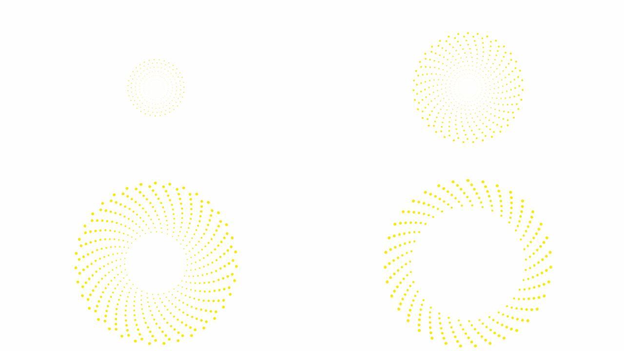 从中心旋转的点的动画黄色圆圈。循环视频。矢量插图孤立在白色背景上。