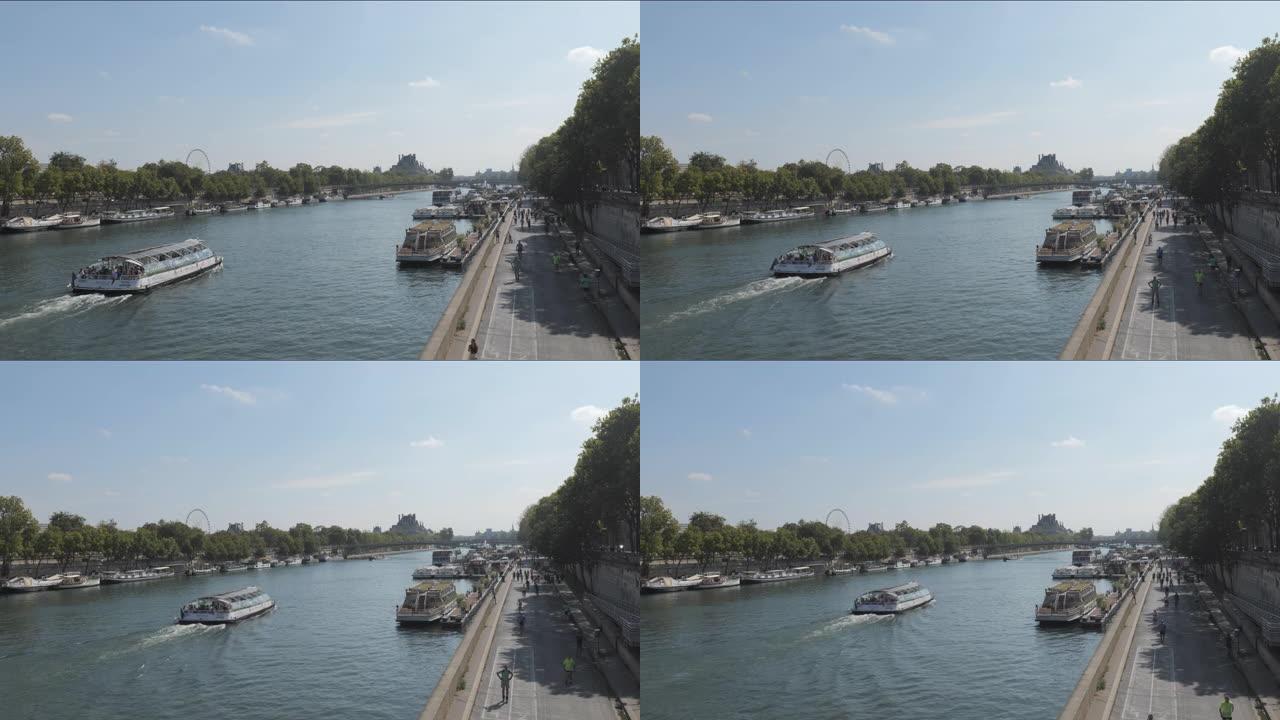 法国塞纳河夏季巴黎，旅游船