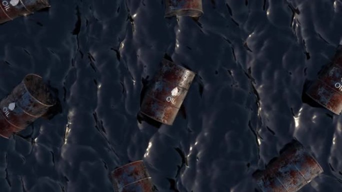 漂浮在油海中的铁桶俯视图。有毒物质。环境污染。3d动画