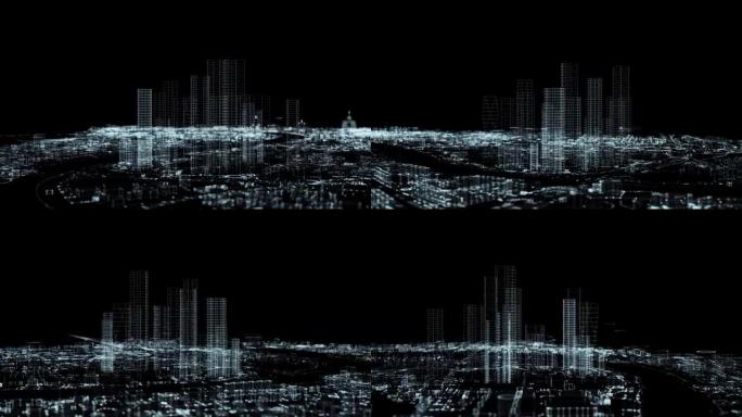 3D数字粒子之城。4k无缝环路。绕着一群摩天大楼飞