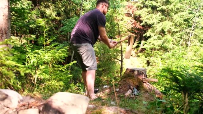 在露营地上，一个人用斧头砍木头