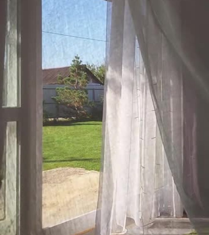 房间内部有敞开的窗户，可以俯瞰后院和草坪。透明薄纱，阴影背景上有早晨的阳光。垂直视频。