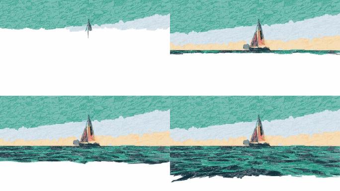 帆船航行的数字动画。程式化钻孔绘画的人工智能概念