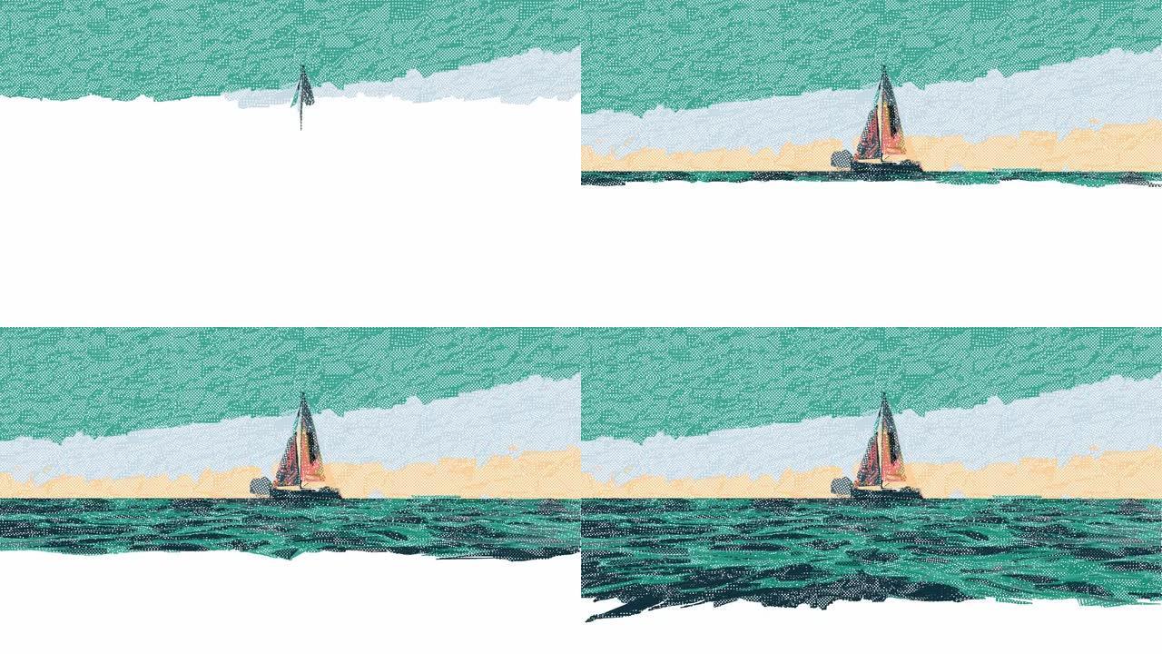 帆船航行的数字动画。程式化钻孔绘画的人工智能概念