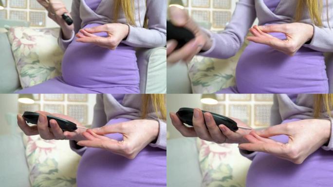 怀孕的糖尿病年轻妇女用血糖仪测量血糖水平
