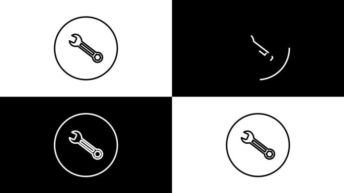 扳手工具，固定，机械工具，黑白绘图按钮，矢量插图，视频动画，自绘图。