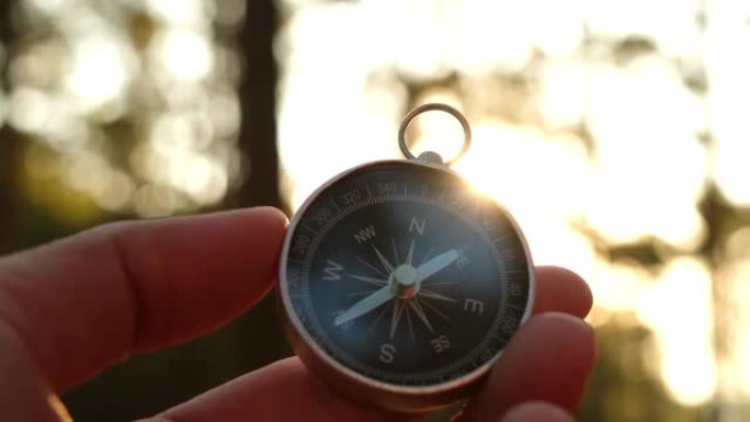 手握指南针在天然松林背景上。森林景观中的手握指南针。年轻的旅行者在夏季山区用指南针寻找方向。