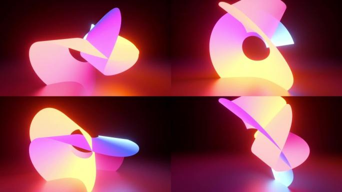 循环3d动画，抽象背景，发光霓虹灯螺旋带螺旋绕。极简主义彩色壁纸