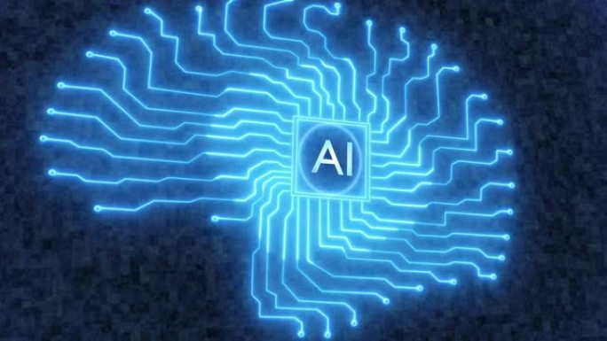人工智能AI概念的动画，处理器驱动的电子大脑。脉冲电光束穿过集成电路后，集成电路就会栩栩如生