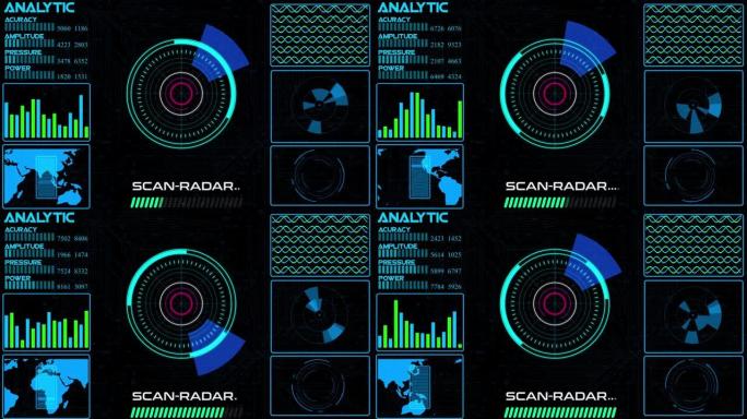 雷达平视显示器屏幕动画4K。彩色声纳雷达屏幕的运动图形用线数字技术背景搜索物体，未来动画概念无缝循环