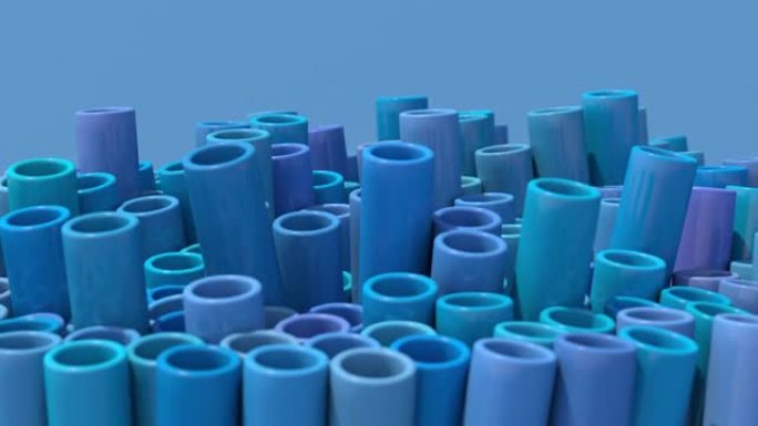 一组蓝色的管子。蓝色背景，特写。抽象动画，3d渲染。