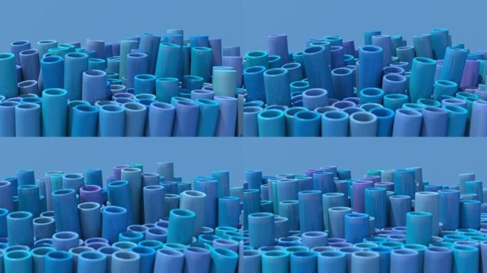 一组蓝色的管子。蓝色背景，特写。抽象动画，3d渲染。