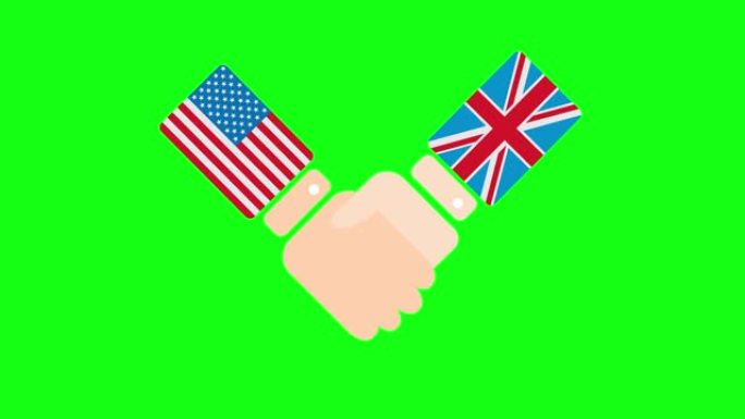 美国(美国)和英国(英国)握手，政客会面或合作的概念相关2D卡通动画，孤立在绿色屏幕背景上