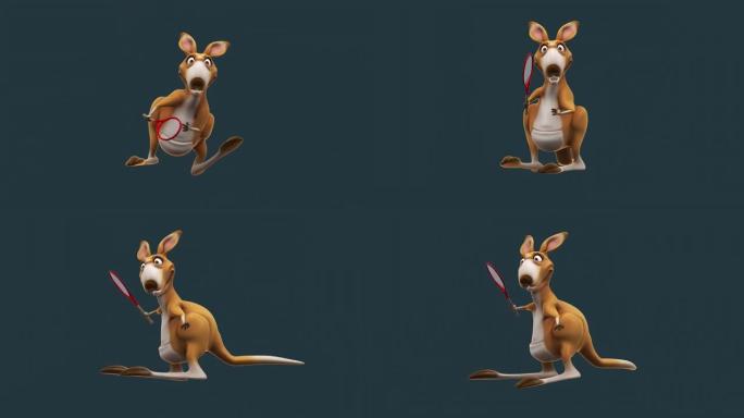 有趣的3D卡通袋鼠打网球 (含阿尔法频道)