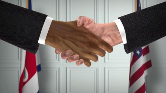 哥斯达黎加与美国商业伙伴关系协议。国家政府旗帜。官方外交握手说明动画。协议商人握手
