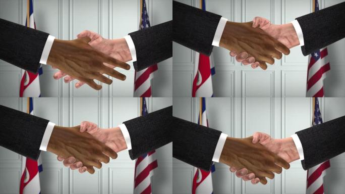 哥斯达黎加与美国商业伙伴关系协议。国家政府旗帜。官方外交握手说明动画。协议商人握手
