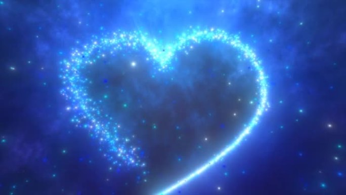 在情人节的蓝色节日背景上由粒子制成的发光蓝色爱心。视频4k，运动设计