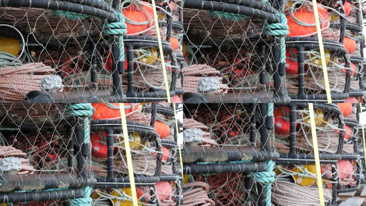 陷阱，绳索和笼子，美国的渔业。盆，鱼的卷饼。渔业。