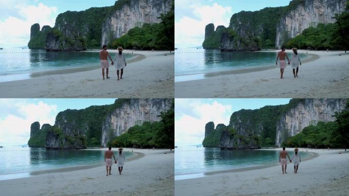 Koh Hong Island Krabi Thailand，Koh Hong海滩上的一对男女，