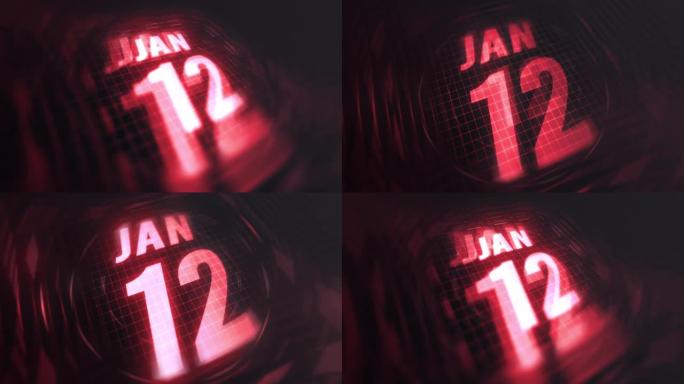 3d运动图形中的1月12日。未来的红外日历和科技发光霓虹灯拍摄，发光二极管纪念等。4k in循环