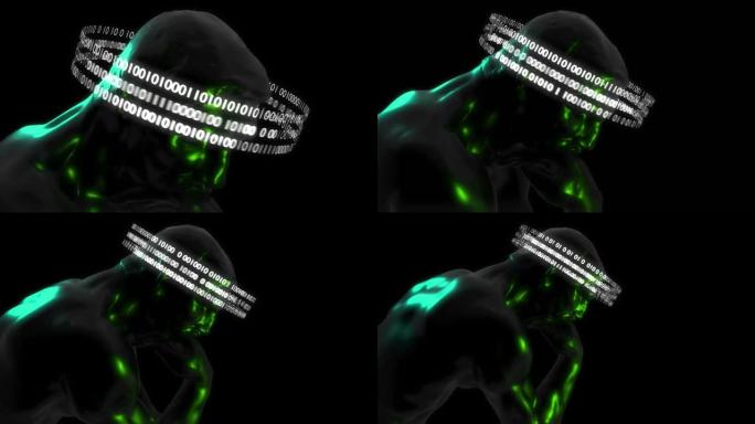 三维思想家雕像与二进制代码动画。现代艺术风格的希腊雕塑。NFT加密艺术概念。4K