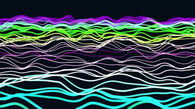 多色时尚几何线波动画。未来派彩色线框波。