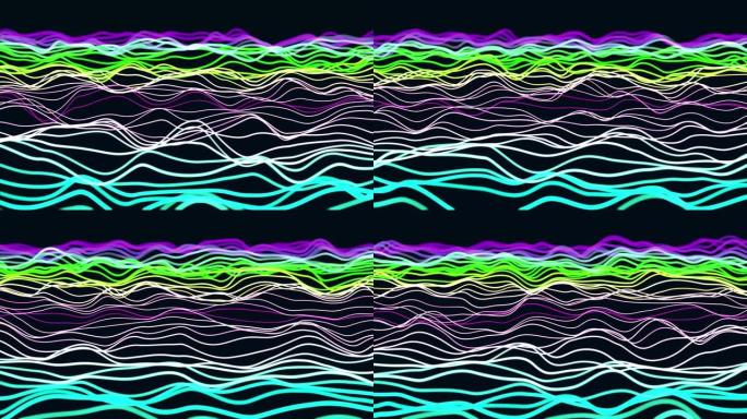 多色时尚几何线波动画。未来派彩色线框波。