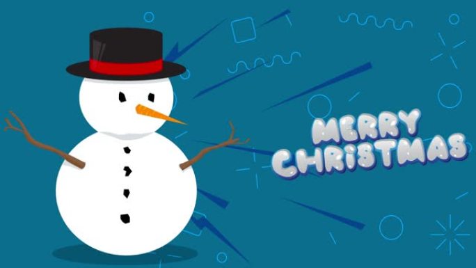 蓝色背景上有帽子、胡萝卜和圣诞快乐文字的雪人。