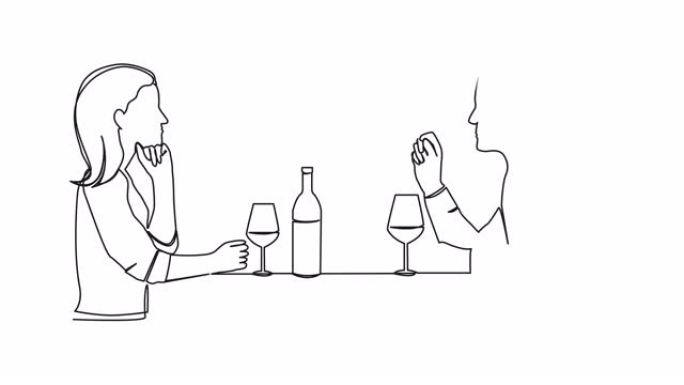 情侣坐在餐桌上喝酒的动画连续单线图