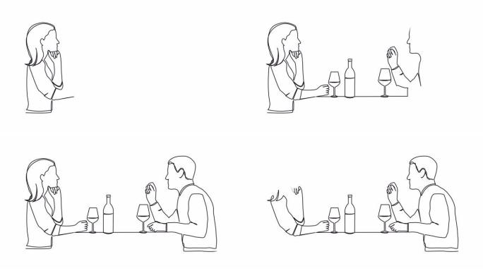 情侣坐在餐桌上喝酒的动画连续单线图