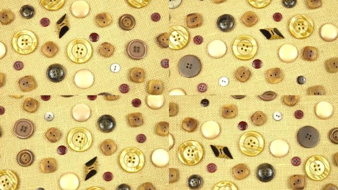 纺织品背景上的一组不同的复古棕色纽扣