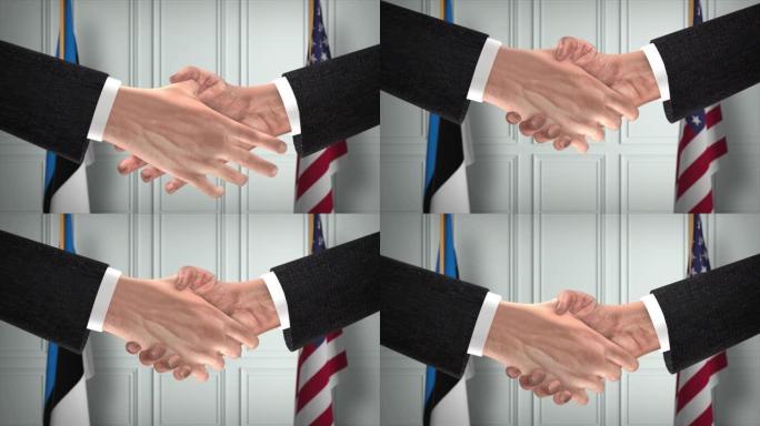 爱沙尼亚和美国合作伙伴商业协议。国家政府旗帜。官方外交握手说明动画。协议商人握手