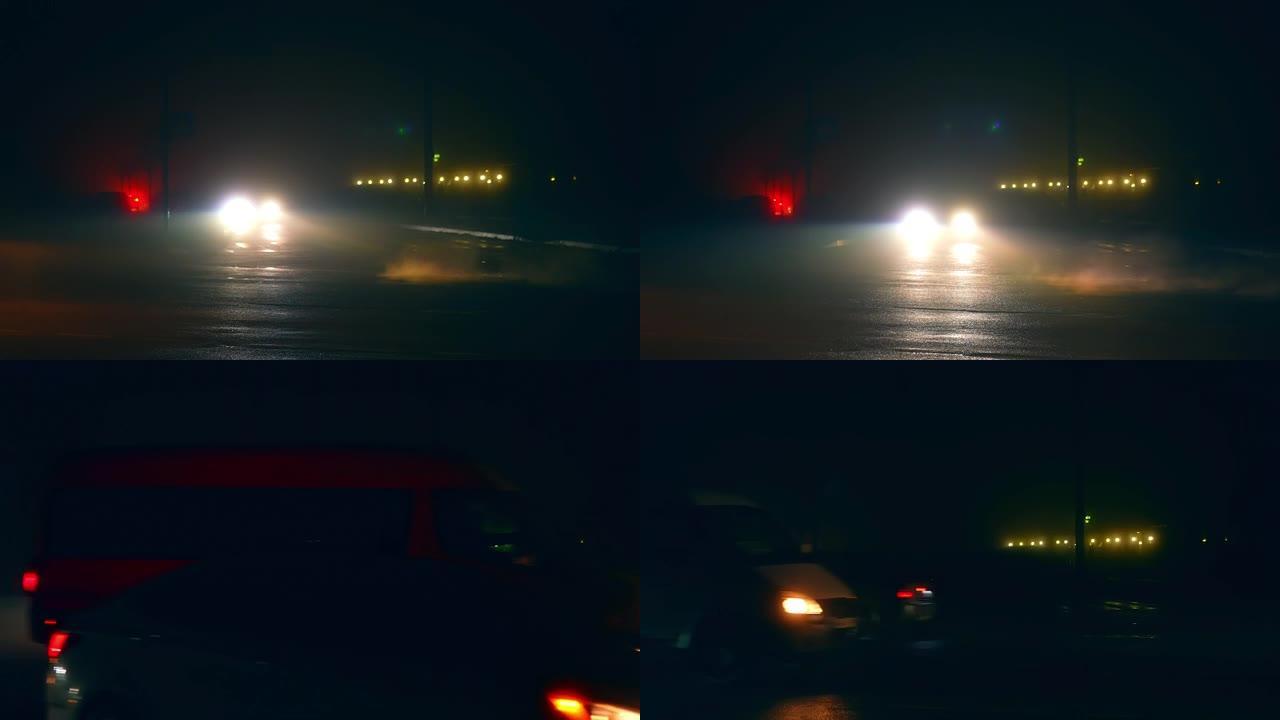 明亮的光线来自汽车的大灯，在停电的城市的黑暗中看不到。夜晚没有电灯的黑暗城市。