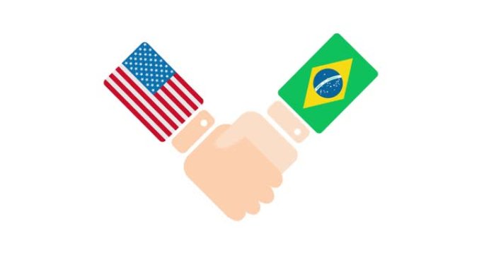 美国(美国)和巴西握手，有关政客会面或合作的概念2D卡通动画，孤立在白色背景上