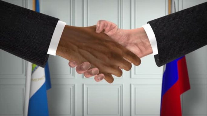 尼加拉瓜与俄罗斯达成协议握手，政治说明。正式会议或合作，商务见面。商人和政客握手