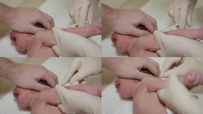 新生儿的疫苗接种。用注射器注射。