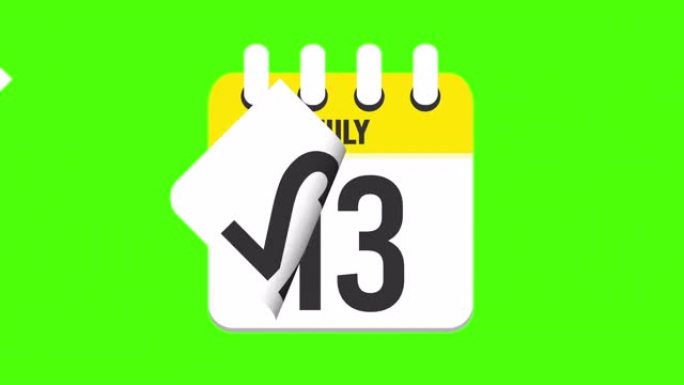 7月23日。日历出现，页面下降到7月23日。绿色背景，色度键 (4k循环)